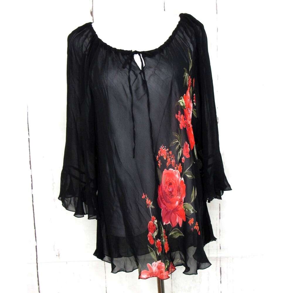 American Angel Black Sheer Blouse Ruffled Bell Sleeve Red Floral Design Size 3X